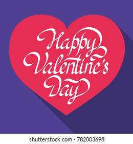 Romantic light template with greeting calligraphic inscription and red heart on purple background isolated vector illustration