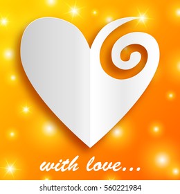 Romantic light template with inscription and paper heart on orange bright background isolated vector illustration