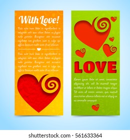 Romantic light vertical banners with greeting text red cut hearts on orange green background isolated vector illustration