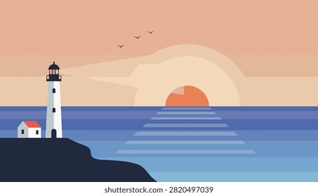 Romantic lighthouse standing on a dark rocky coast at sunset with sea waves reflecting the warm orange sun glow.