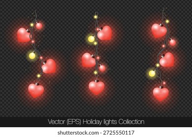 Romantische Lichter für den Valentinstag mit leuchtenden Herzen, bunten Glühbirnen und funkelnden Lichtern, einzeln auf transparentem Hintergrund. Dekorative farbenfrohe Streichelleuchten mit Tinkle