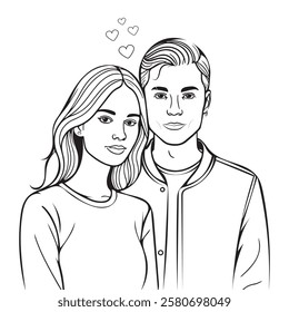 Romantic Line Art Couple Illustration, Black and White Vector for Love and Relationships