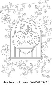 Romantic line art drawing: Two love birds in a heart-shaped cage with elegant floral vines and flowers, black and white illustration.
