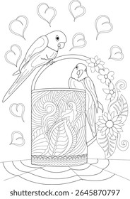Romantic line art illustration of two cute love birds on a decorated pot, surrounded by floating hearts and floral elements, perfect for coloring books, greeting cards, and Valentine's Day designs.