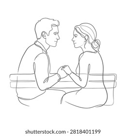 A romantic line art sketch of a young man and woman sitting together on a bench, holding hands and looking at each other. Perfect for concepts of love and dating.