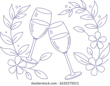 Romantic Line Art with Two Wine Glasses and Floral Elements – Elegant Hand Drawn Outline Illustration for Wedding Invitations, Celebration Themes, Greeting Cards, or Decorative Designs