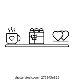 Conjunto de iconos de línea romántica que contiene una taza de café con un corazón, una caja de regalo envuelta y dos corazones superpuestos para el Día de San Valentín.