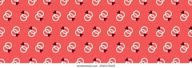 Romantic Linked Rings Pattern with Hearts on Coral Red Background. Valentines Day seamless pattern Long horizontal web cover banner, sale header, voucher template. Wedding, packaging, wrapping paper,