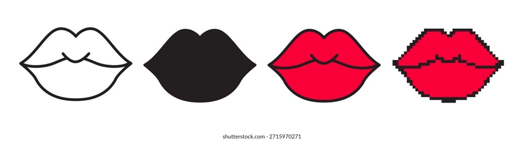 Romantic lips icon set for Valentine’s Day: editable linear outline, colored fill, solid, and 8-bit pixel art styles. Perfect for love, beauty, and holiday designs on web and apps.