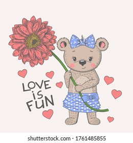 Romantic little bear girl with flower, hearts, place for text. Love is Fun slogan.
