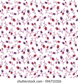 Romantic, little, ditsy, stylish floral background. Trendy vector Floral Ditsy Print in blue, pink and brown colors on a white. Seamless cute minimalistic gentle flower pattern.