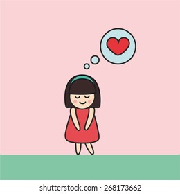 Romantic little girl thinking about love. Vector illustration.