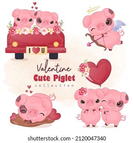 Romantic little pig illustrations set