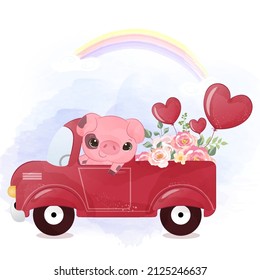 Romantic little pig in watercoolor  illustration