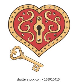 Romantic lock and key isolated on white background. Vector Illustration 