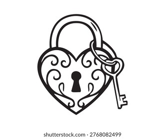 Romantic lock symbol. Stylish monochrome heart shaped padlock with intricate filigree detail. Charming vintageinspired heart lock featuring detailed filigree and classic aesthetic elements