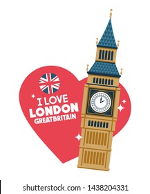 Romantic london theme card, big ben, heart, flag, hand made letters.