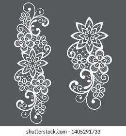 Romantic loral retro lace vector long pattern, ornamental design with flowers and swirls. Embroidery wedding, textile decoration inspired by French and English lace art, vintage style