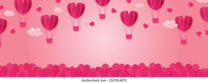 Romantic love background, banner, wallpaper design. Pink background with origami hearts and clouds.