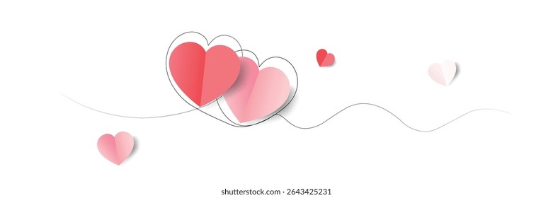 Romantic love background concept with 3D paper craft hearts and continuous single line art.