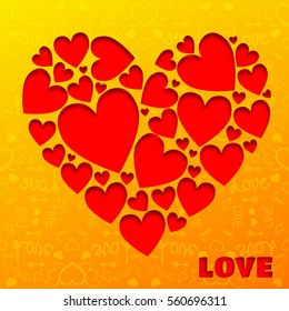 Romantic love background with cut red hearts composition on orange icons pattern vector illustration
