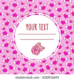 Romantic love background with cute winged hearts and rose. Valentine's Day greeting card. Vector template.