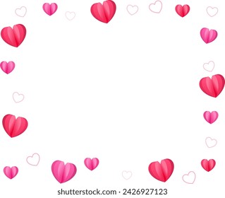 Romantic love background with long horizontal border made of beautiful falling PINK paper hearts isolated on transparent background. Happy Valentine's Day or MOther's Day  illustration
