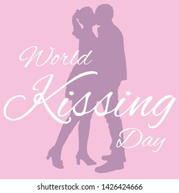Romantic and love background for World Kiss Day. Silhouette of kissing man and woman. Icon flat image with text. Template for social poster, banner, media stories, card, flyer.