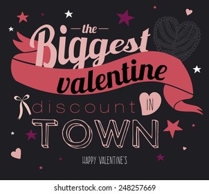 Romantic and love biggest sale Happy Valentines Day poster with greeting holiday typographic. Template for posters and banners. Great discount. Low prices. Special offer. The best time to buy