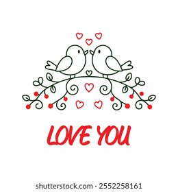 Romantic Love Birds Illustration with Heart Symbols and Love You Text