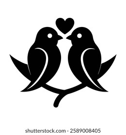 Romantic Love Birds Silhouette on Branch with Heart Symbol for Valentine's Day