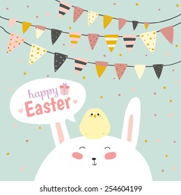 Romantic and love card for Easter in vector. Cute Bunny Ears. Greeting lovely wish with funny smiling rabbit with a chicken on the head.