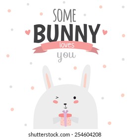 Romantic and love card for Easter in vector. Cute Bunny Ears. Greeting lovely wish with funny smiling rabbit.