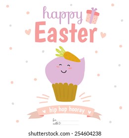 Romantic and love card for Easter in vector. Cute Bunny Ears. Greeting lovely wish with funny smiling cupcake with a carrot.