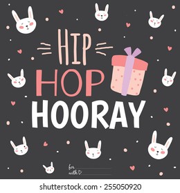Romantic and love card for Easter in vector. Cute Bunny Ears. Greeting lovely wish with funny smiling rabbit.