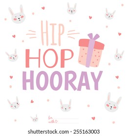 Romantic And Love Card For Easter In Vector. Cute Bunny Ears. Greeting Lovely Wish With Funny Smiling Rabbit. Hip Hop Hooray