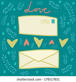 Romantic love card with letters and hearts. Use for invitations announcements.