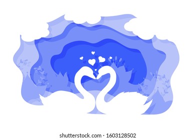 Romantic love card in Paper Cut style. Silhouettes of two swans with hearts. Clouds, flowers, lotuses on the background of the lake. For weddings, Valentine's Day. Sticker, cover.