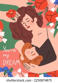 Romantic love card for Saint Valentines day. Postcard background design with lovers couple, man and woman, two enamored people and spring flowers for 14 February holiday. Flat vector illustration