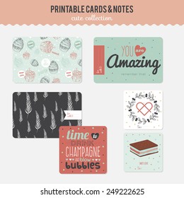 Romantic and love cards, notes, stickers, labels, tags with cute print illustrations. Template for scrapbooking, wrapping, notebooks, notebook, diary, decals, school accessories