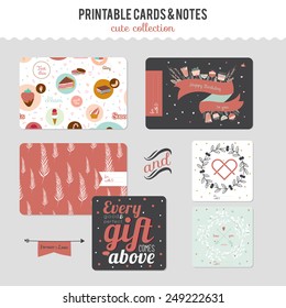 Romantic and love cards, notes, stickers, labels, tags with cute print illustrations. Template for scrapbooking, wrapping, notebooks, notebook, diary, decals, school accessories