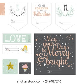 Romantic and love cards, notes, stickers, labels, tags with cute print illustrations. Template for scrapbooking, wrapping, notebooks, notebook, diary, decals, school accessories