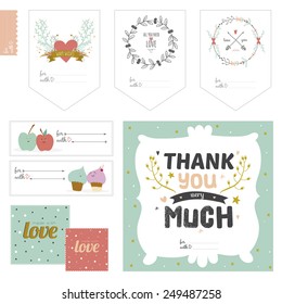 Romantic and love cards, notes, stickers, labels, tags with cute print illustrations. Template for scrapbooking, wrapping, notebooks, notebook, diary, decals, school accessories