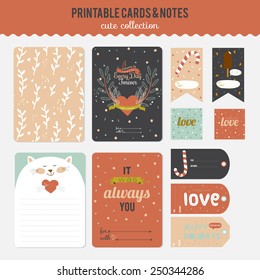 Romantic and love cards, notes, stickers, labels, tags with cute ornament illustrations. Template for scrapbooking, wrapping, notebooks, notebook, diary, decals, school accessories