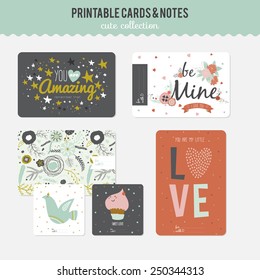 Romantic and love cards, notes, stickers, labels, tags with cute ornament illustrations. Template for scrapbooking, wrapping, notebooks, notebook, diary, decals, school accessories