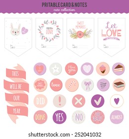 Romantic and love cards, notes, stickers, labels, tags with flowers illustrations. Template for scrapbooking, wrapping, congratulations, invitations. Inspirational lovely lettering for Valentines Day.