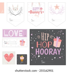 Romantic and love cards, notes, stickers, labels, tags with flowers illustrations. Template for scrapbooking, wrapping, congratulations, invitations. Lovely wishes for Easter in vector with cute bunny