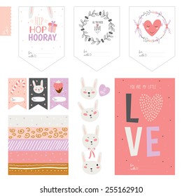 Romantic and love cards, notes, stickers, labels, tags with flowers illustrations. Template for scrapbooking, wrapping, congratulations, invitations. Lovely wishes for Easter in vector with cute bunny