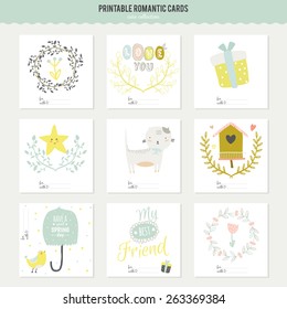 Romantic and love cards, notes, stickers, labels, tags with Spring illustrations. Template for scrapbooking, wrapping, congratulations, invitations. Lovely vector wishes with cute animals and sweets