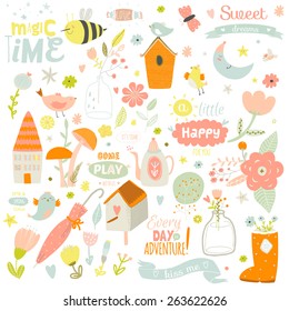 Romantic and love cards, notes, stickers, labels, tags with Spring illustrations. Template for scrapbooking, wrapping, congratulations, invitations. Vector wishes with cute animals, flowers and sweets